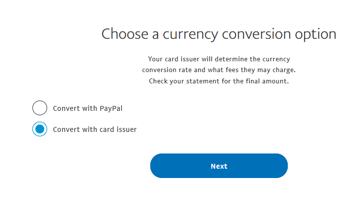 Select bank issuer conversion rate for PayPal transfer