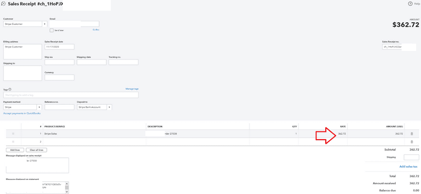 Stripe and Quickbooks easy Integration Sales Receipt