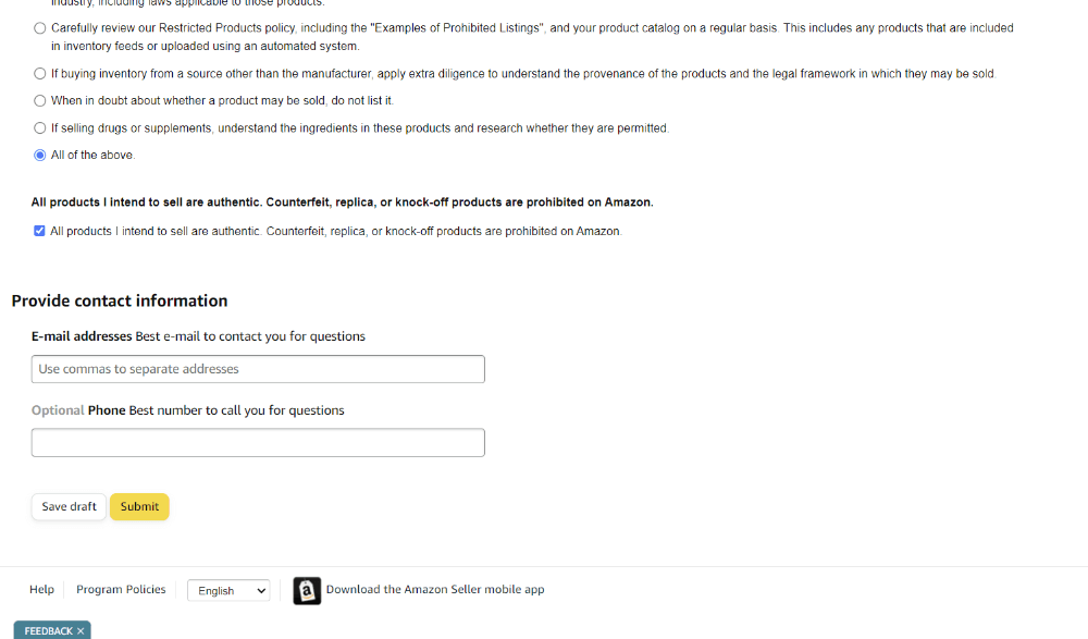example of questions that Amazon will ask a seller