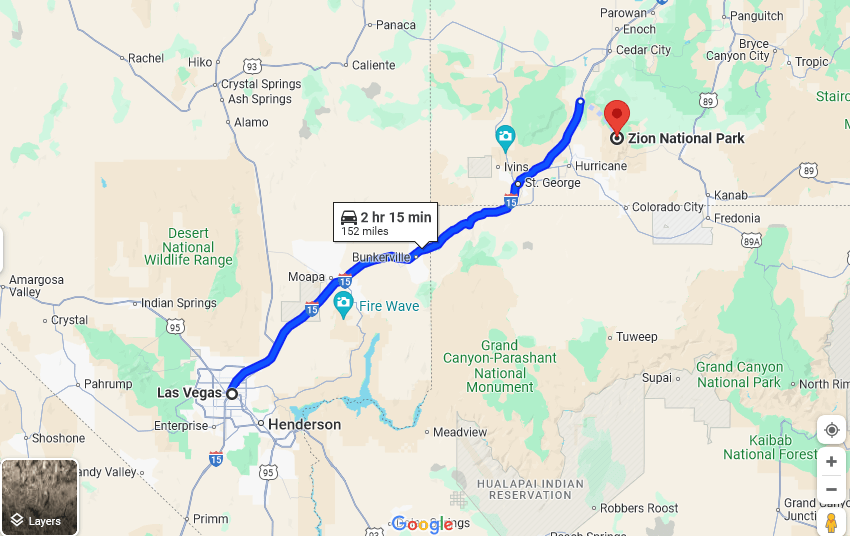 Las vegas to zion national park utah map